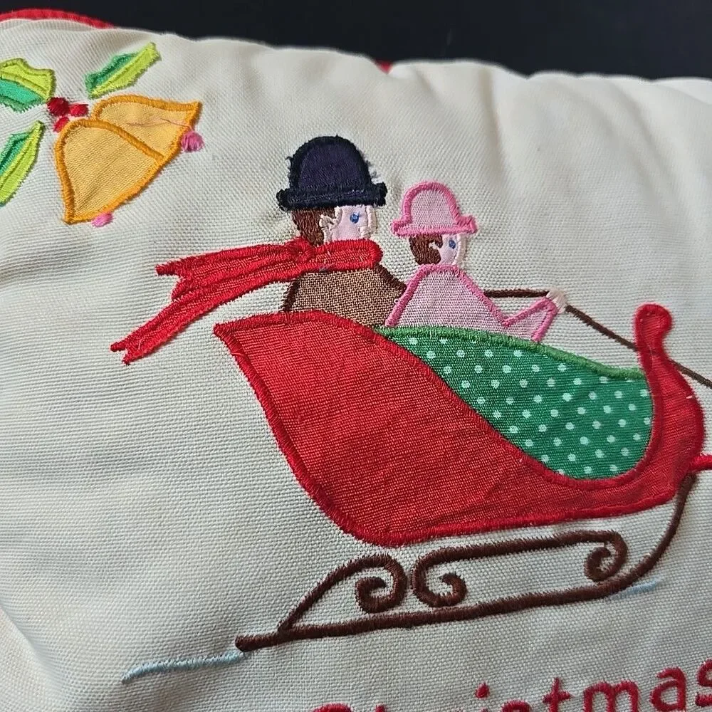 Vintage Silvestri Christmas Pillow Embroidered Applique Sleigh Horse Bells Holly